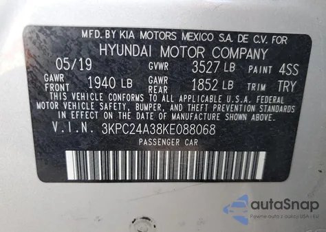 2019 Hyundai Accent Se z USA, uszkodzony, nr VIN 3KPC24A38KE088068